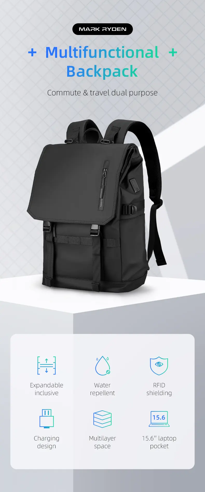 Mark Ryden Laptop Backpack Black MR5748SJ Multifunctional BackPack