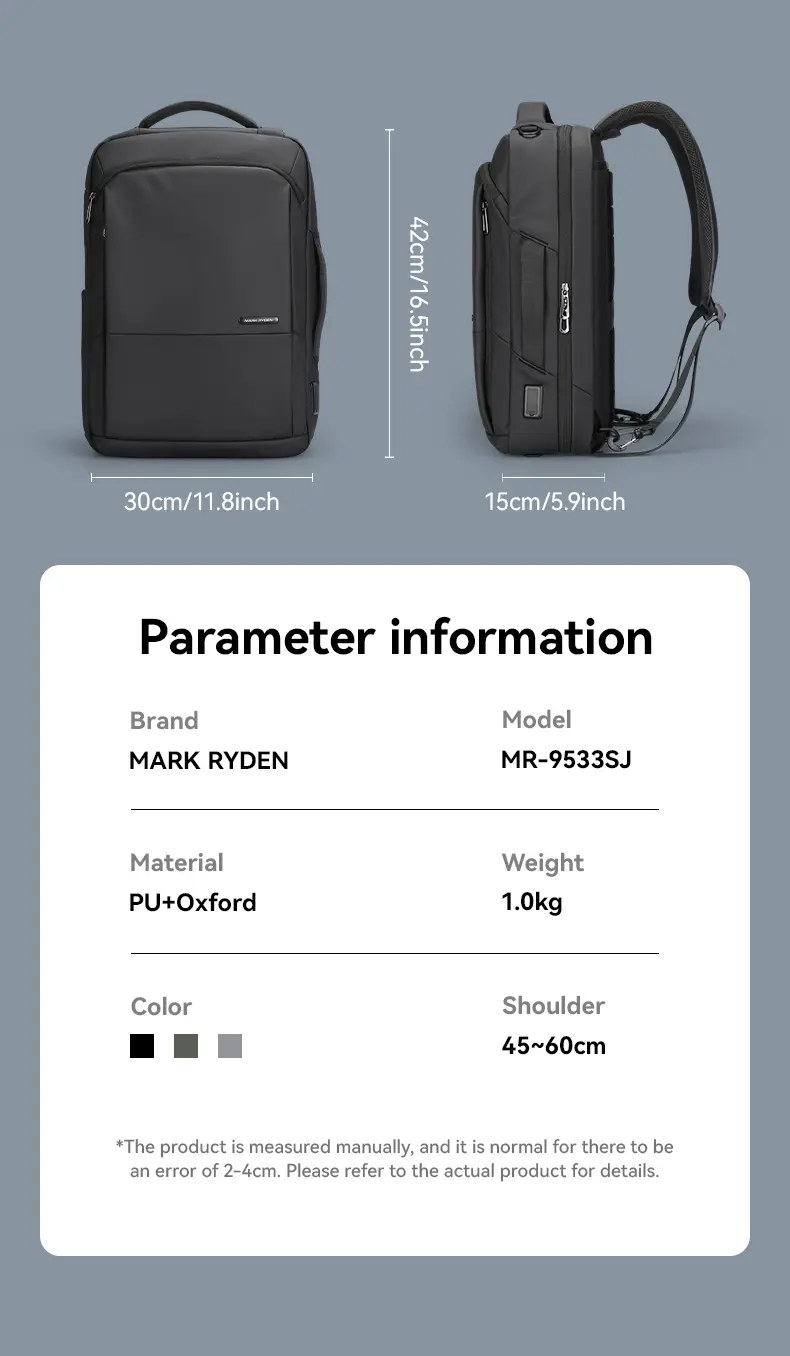 Mark Ryden Laptop Backpack Black MR9533SJ Parameter Information