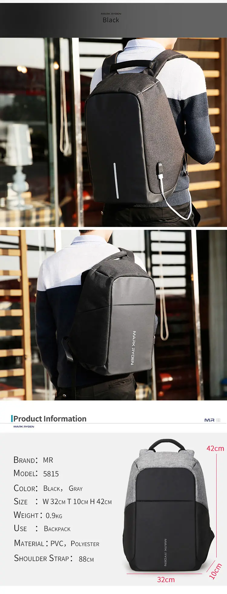 Mark Ryden Laptop Backpack Dark Gray MR5815 Product Information