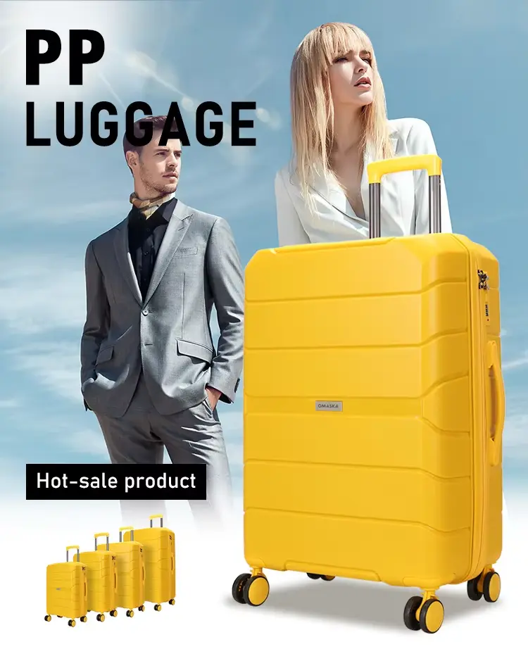 Polypropylene Best Travel Luggage Bag Black 7Kg with a Man and Woman Posing with Yellow Luggage