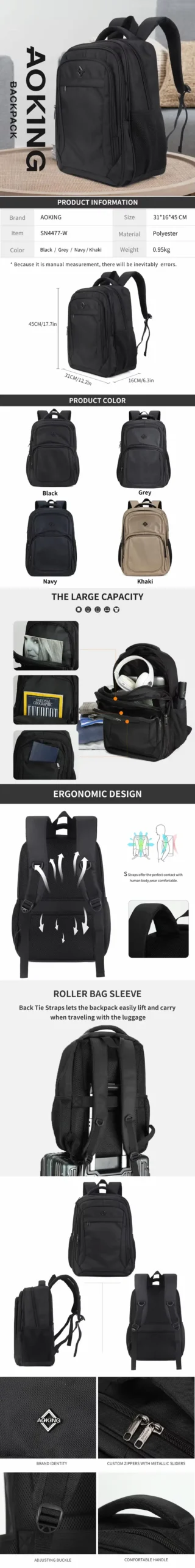 Aoking Laptop Backpack Black SN4477-W product information all
