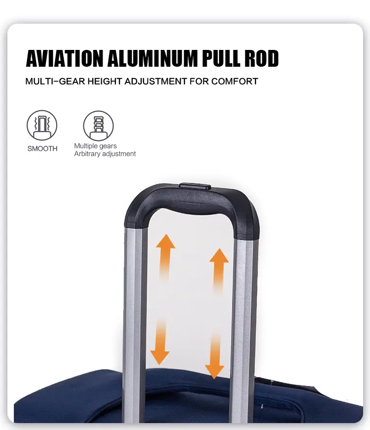 Aviation aluminium multi-gear pull rod on Goby London fabric travel luggage