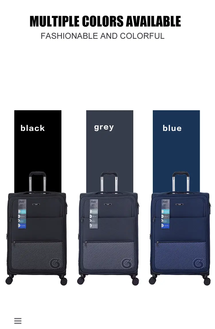 Goby London fabric travel luggage available in black, grey and blue