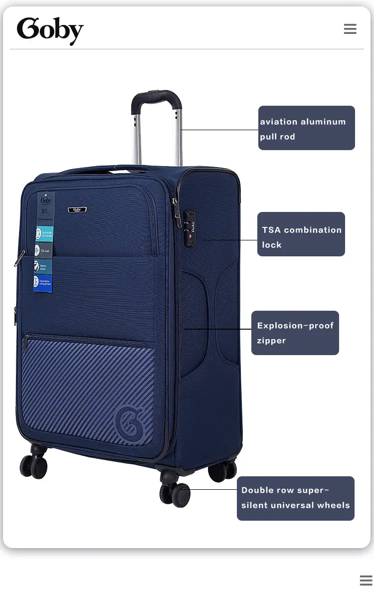 Goby London fabric travel luggage bag features: aluminium pull rod, TSA lock, explosion-proof zipper and silent spinner wheels