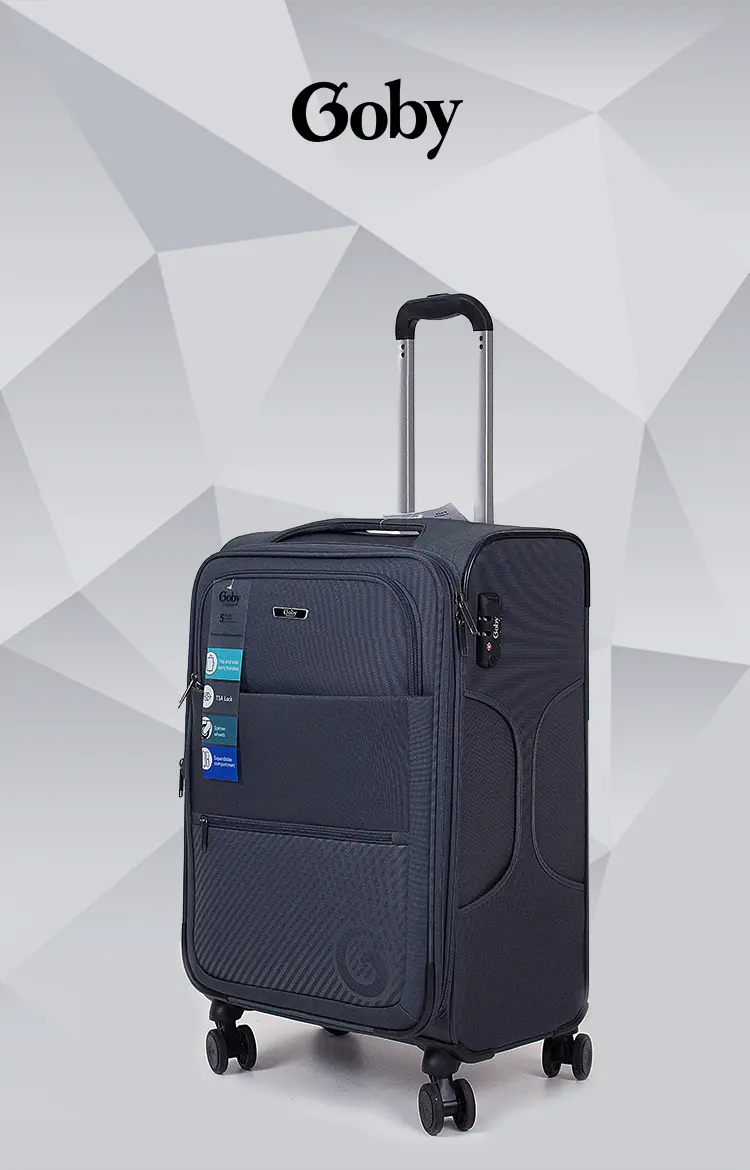 Goby London fabric travel luggage bag front view with spinner wheels and telescopic handle