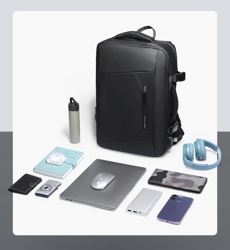 Mark Ryden MR9299 black laptop backpack with laptop, bottle, headphones and accessories