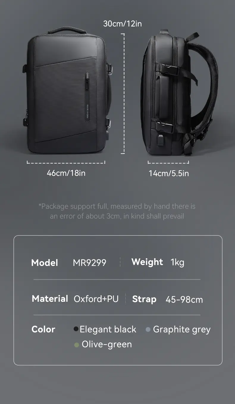 Mark Ryden MR9299 laptop backpack dimensions, weight, material and colour parameters