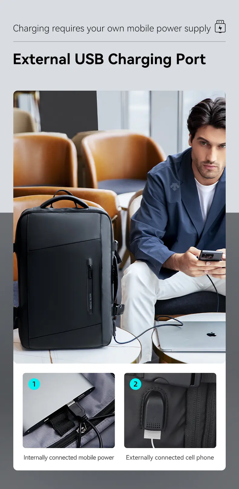 Mark Ryden MR9299 laptop backpack external USB charging port for phone and power bank