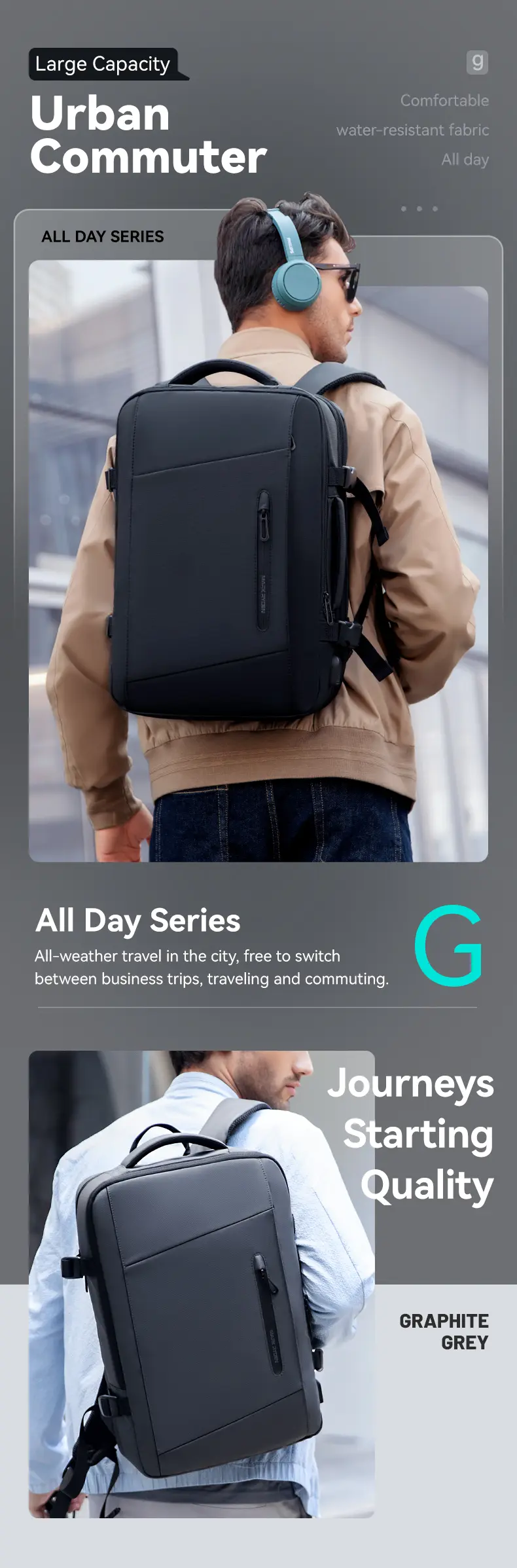 Mark Ryden MR9299 urban commuter laptop backpack worn by a man in graphite grey