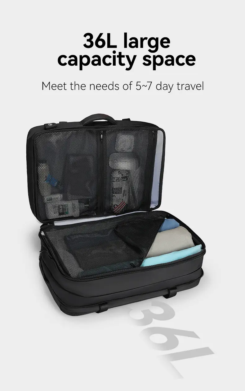 Mark Ryden MR8057 laptop backpack opened showing 36L large capacity for 5 to 7 day travel