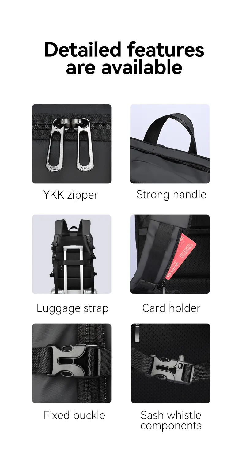 Mark Ryden MR8057 laptop backpack details: YKK zipper, strong handle, luggage strap, card holder and buckles