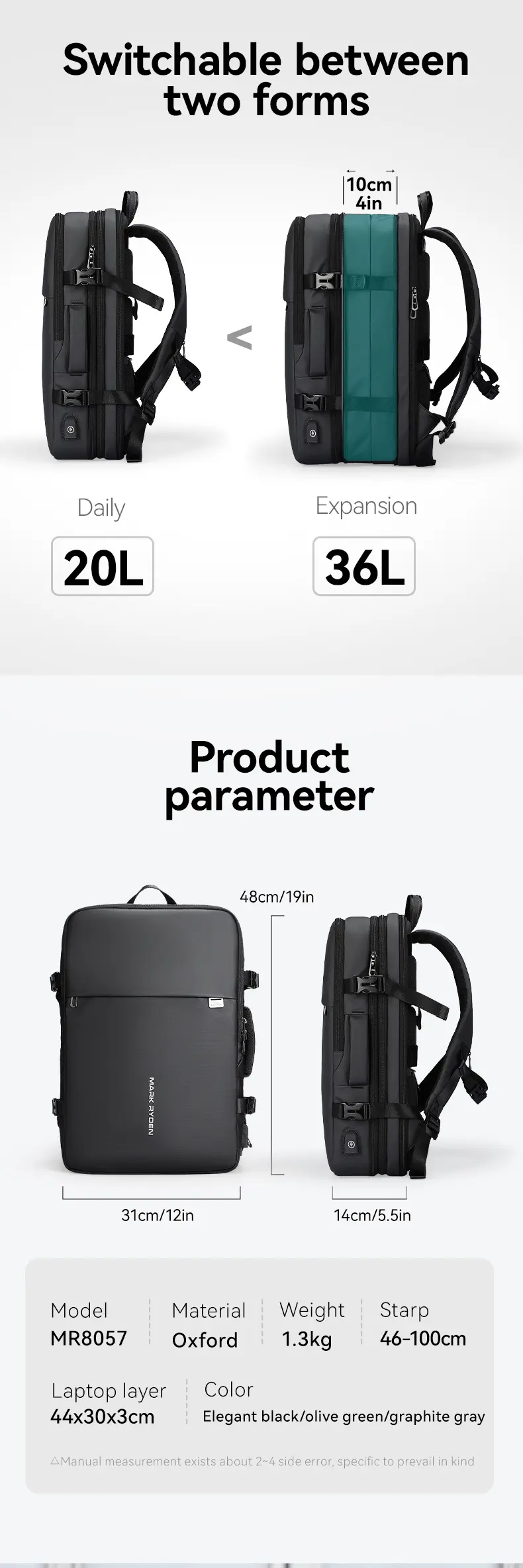 Mark Ryden MR8057 laptop backpack switchable between 20L and 36L with product parameters