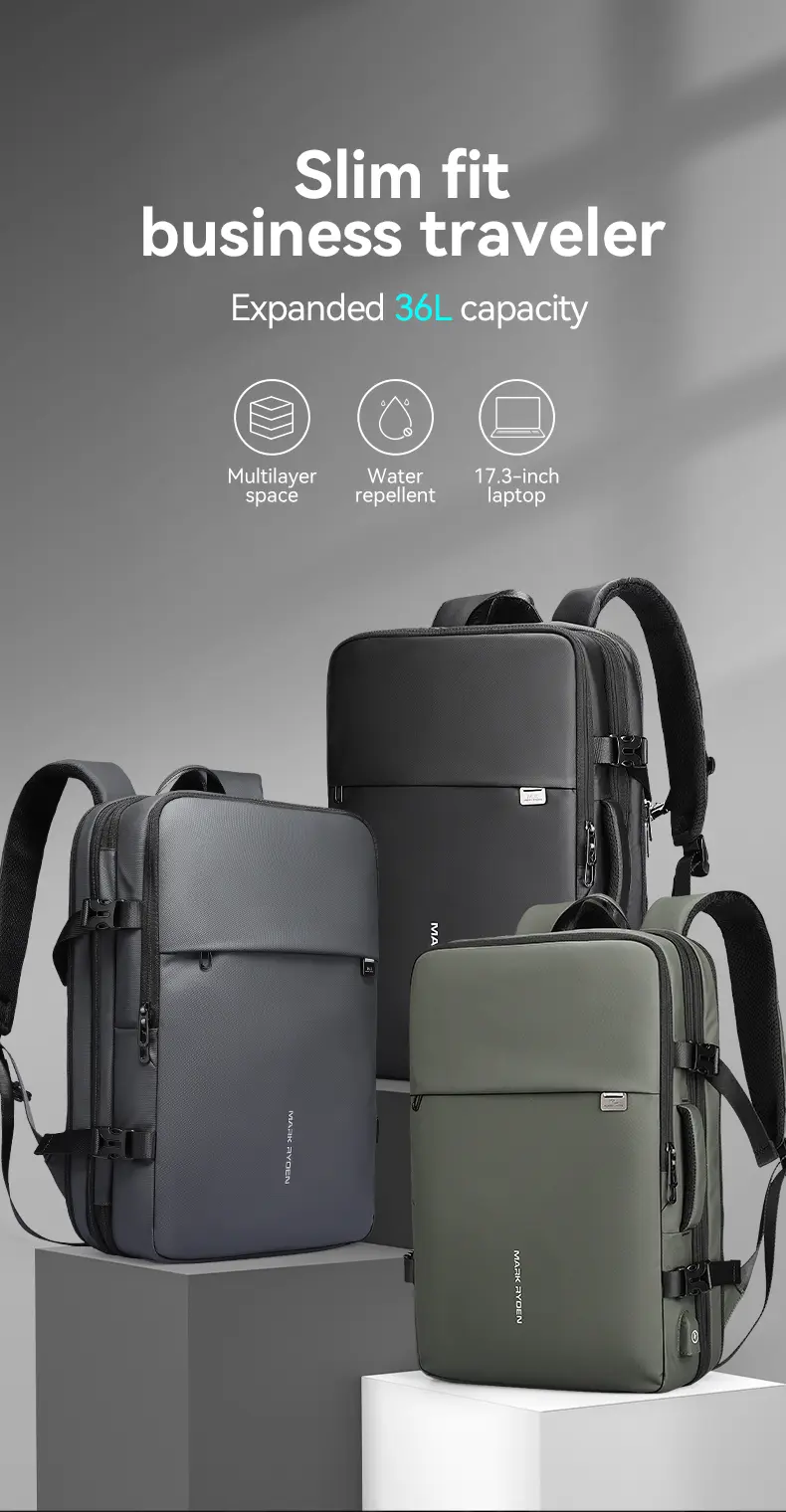 Mark Ryden MR8057 expandable 36L business travel laptop backpack in grey, black and green