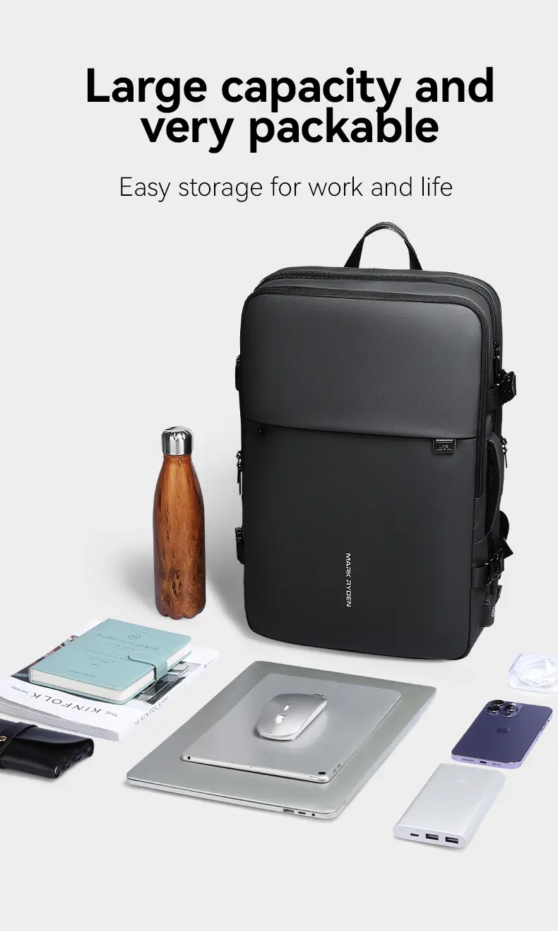 Mark Ryden MR8057 black laptop backpack with laptop, bottle, notebook and accessories it can hold
