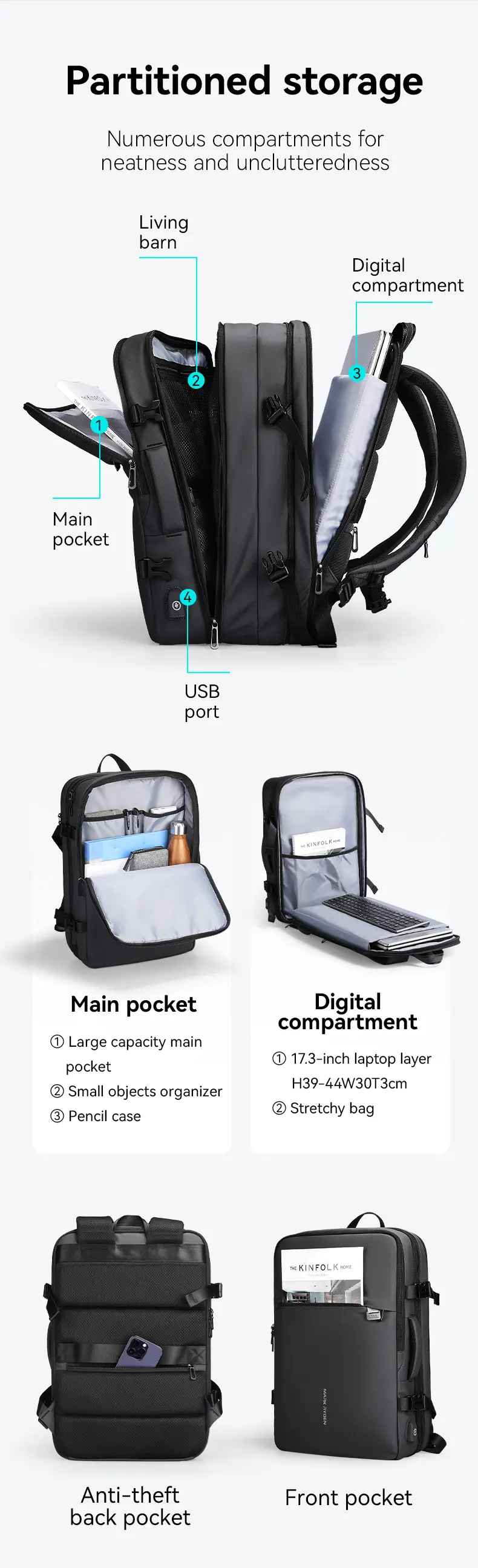 Mark Ryden MR8057 laptop backpack partitioned storage with main pocket, digital compartment and anti-theft pocket