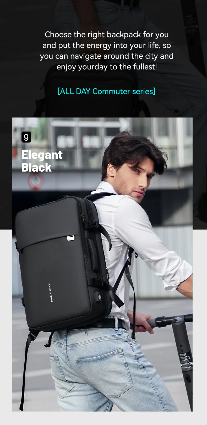 Man wearing Mark Ryden MR8057 elegant black laptop backpack while commuting